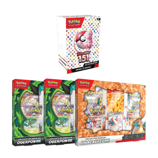 Pack : 1 bundle Pokémon 151 + 2 coffrets Ogerpon Ex + 1 Coffret Collection Premium Dracaufeu ex - FR