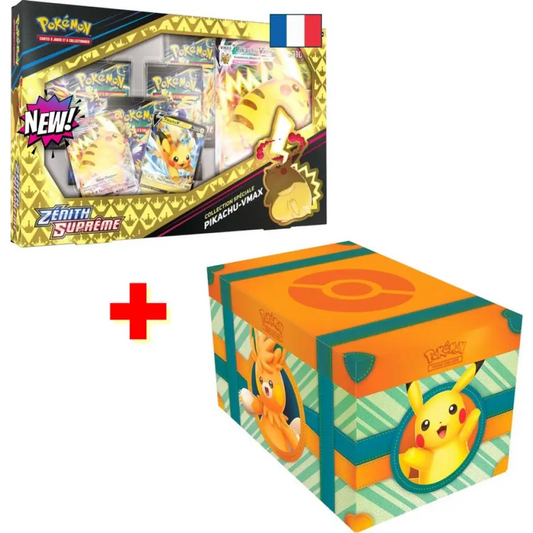 Pack Pokémon : 1 Coffret Pikachu VMAX Zénith Suprême + 1 COFFRE AVENTURE À PALDEA FR